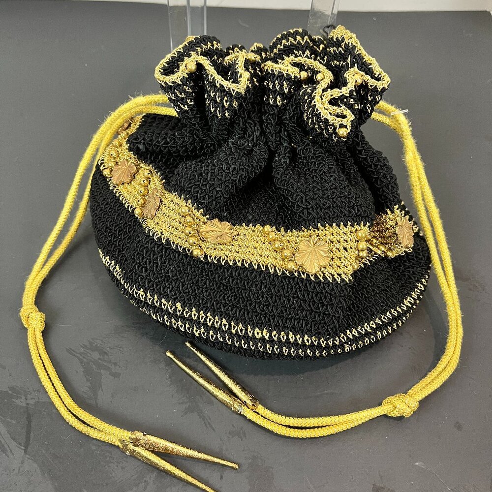 VTG Black/Gold Crochet Drawstring Bag
